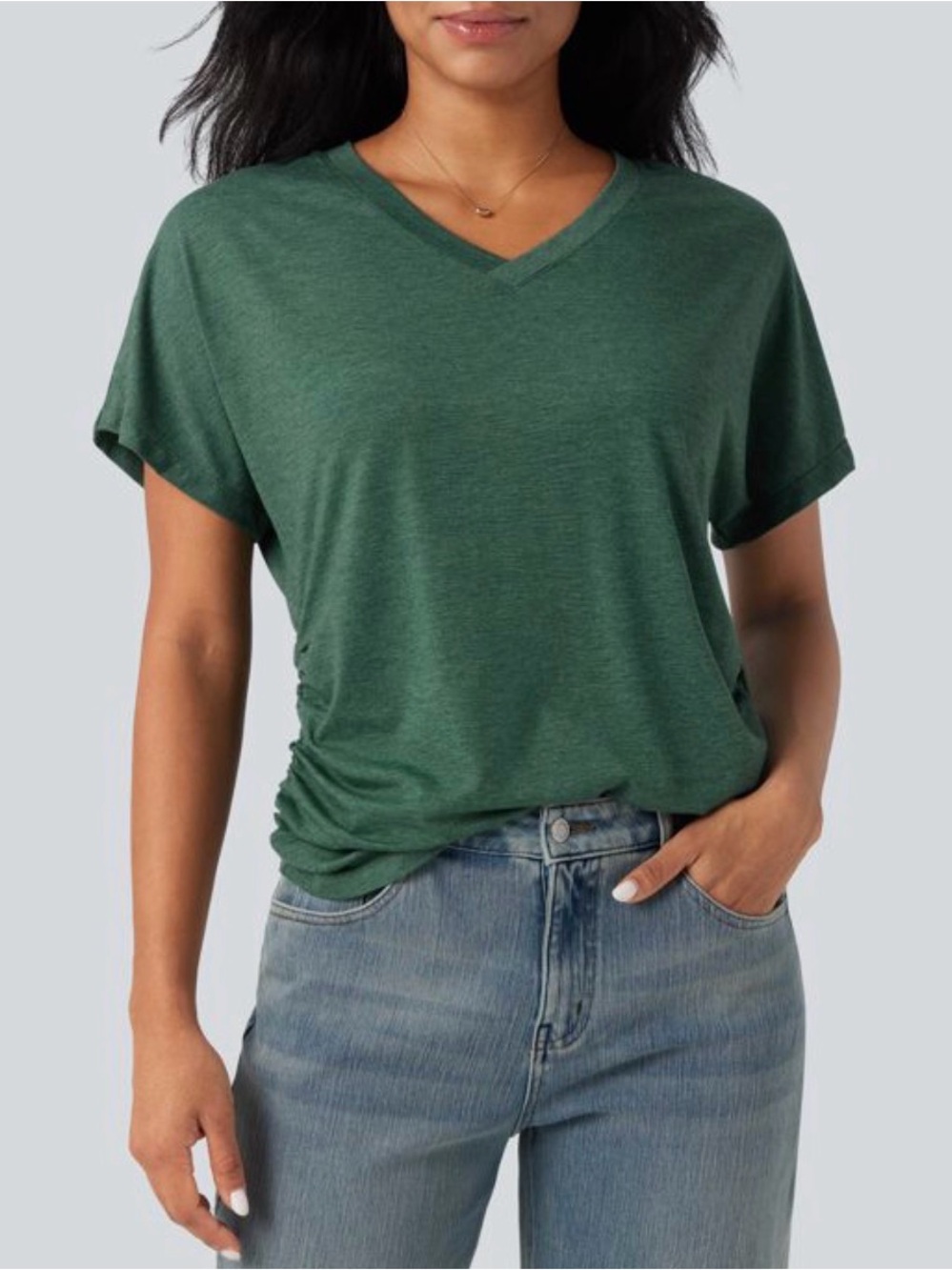 HALARA Women's Short Sleeve V-Neck Tee in Deep Green
